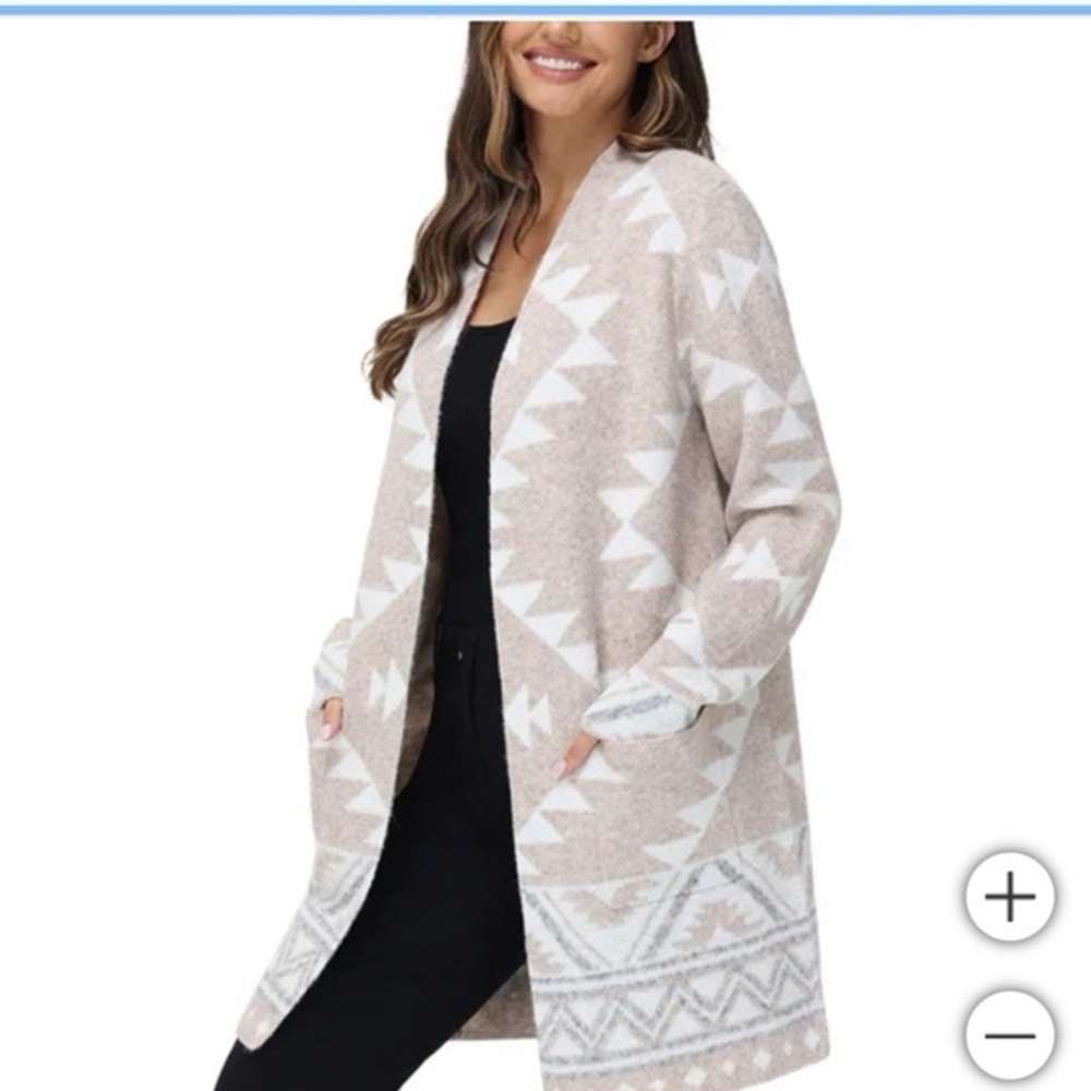 Frye Tan and White Cardigan Sweater with Geometric Design - Picture 1 of 8